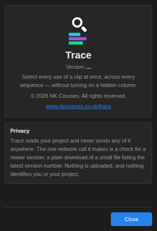 The About Trace window, showing the mark, the version number and the tagline.