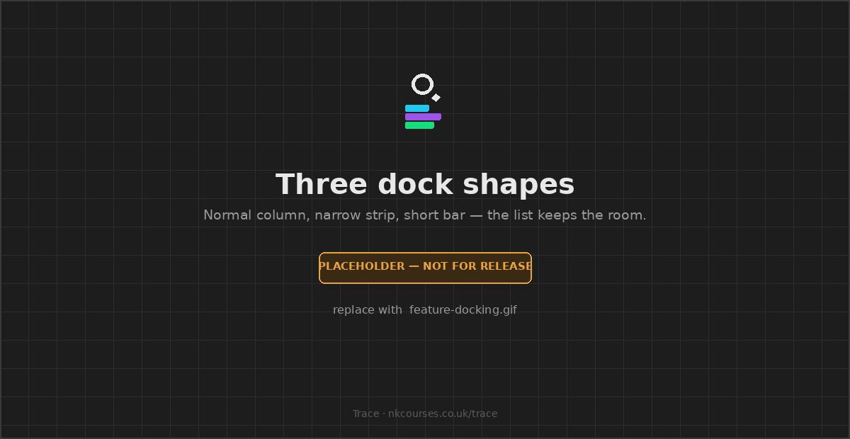 The Trace panel at three dock sizes: a normal column, a narrow strip, and a short bar under the timeline.