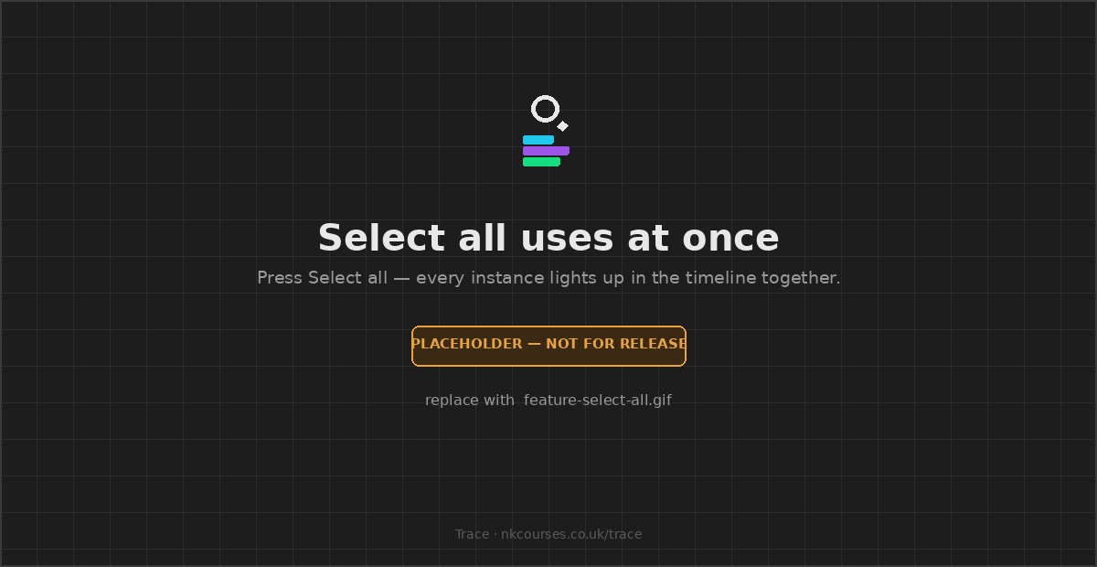 Pressing Select all in Trace and seven clips lighting up across the timeline simultaneously.