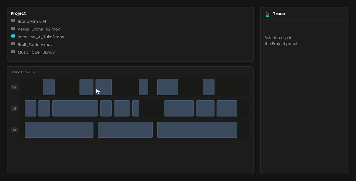 Trace finding seven uses of a clip across four sequences, then selecting all of them in the timeline at once.