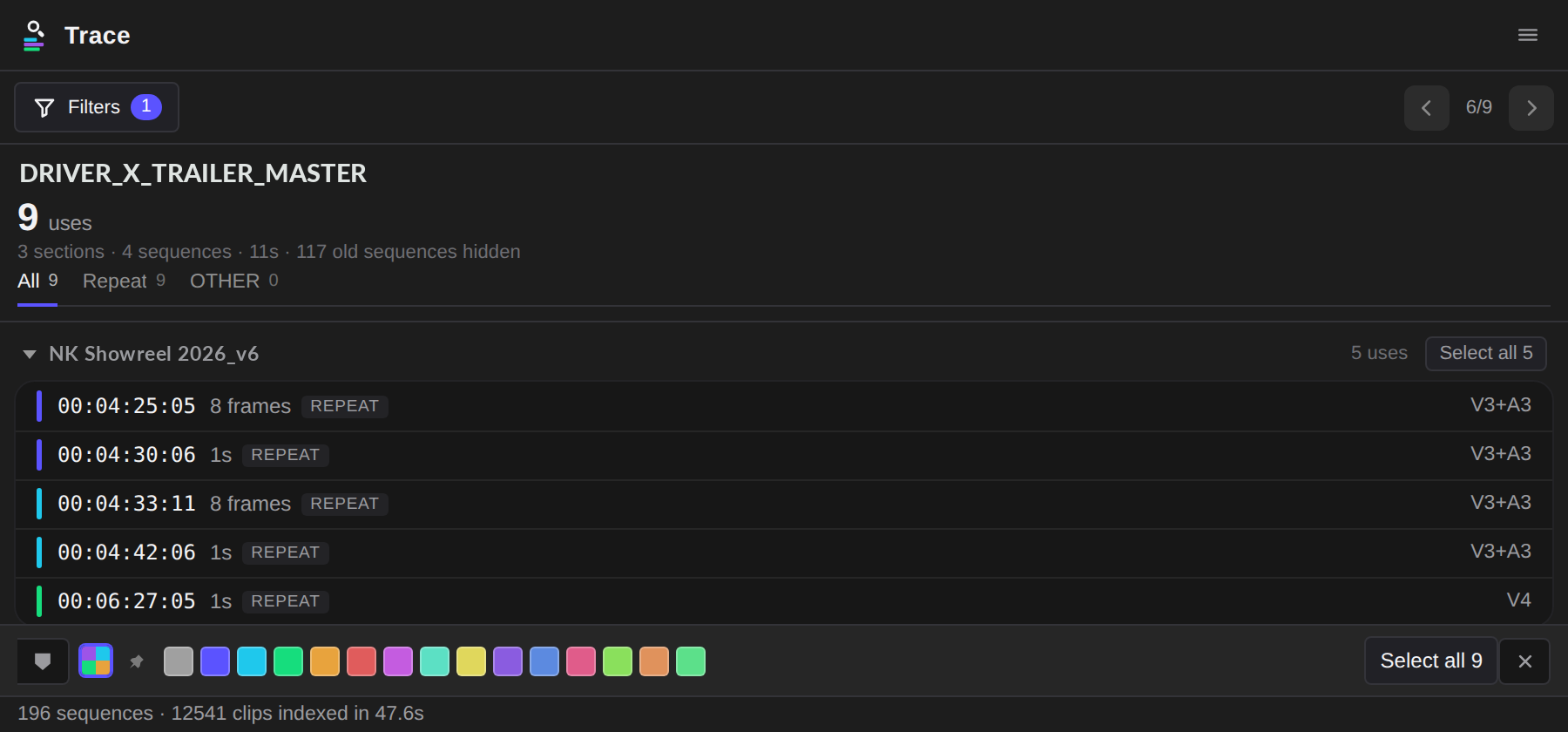 Trace docked wide under the timeline, with the fifteen label colours laid out along the action bar.
