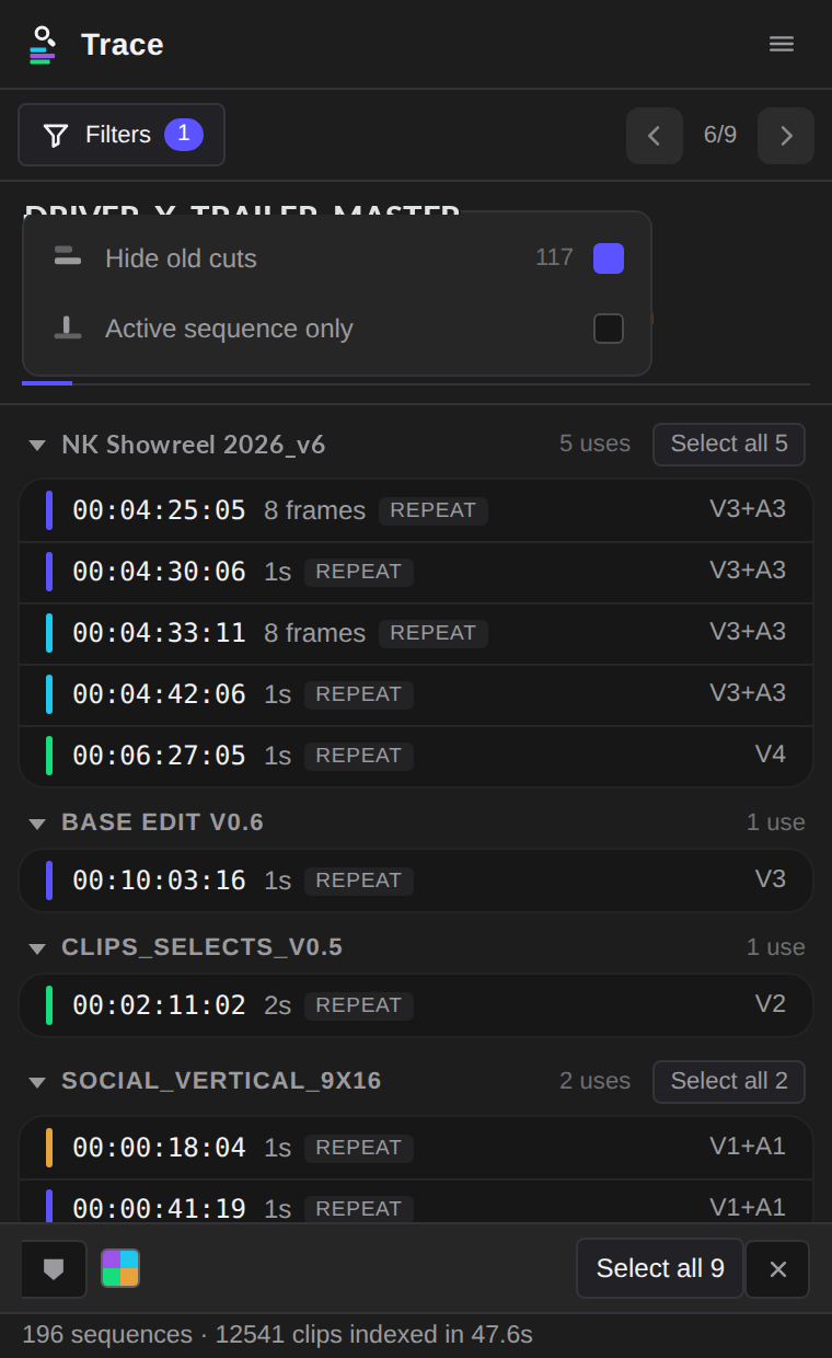 The Filters popover open in Trace, showing Hide old cuts ticked with a count beside it and Active sequence only below.