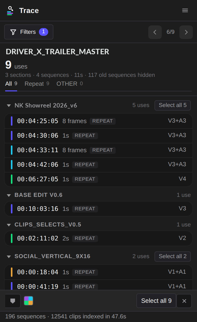 Trace listing a clip's uses, grouped into one rounded card per sequence, each header carrying its own Select all button.