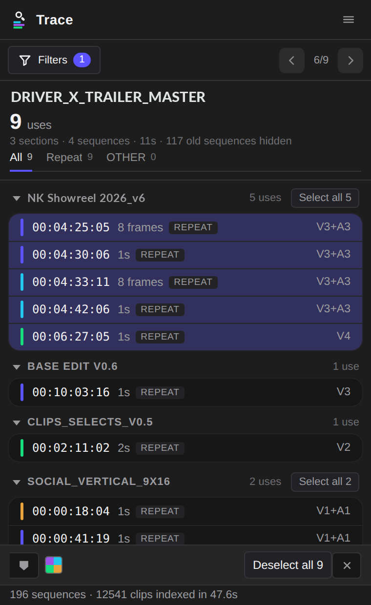 Trace with a sequence's uses selected, the rows filled in, and the bar offering Deselect all.