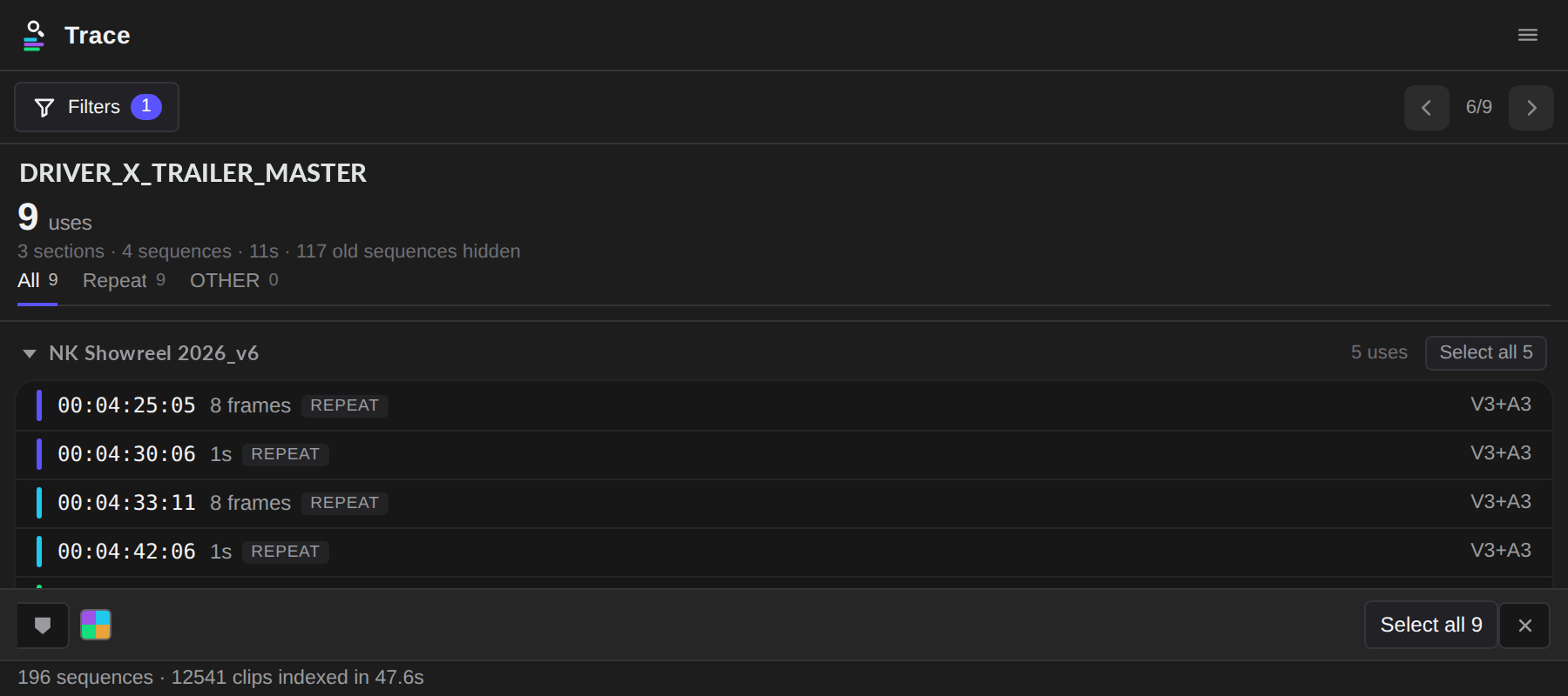 Trace docked wide under the timeline, listing a clip's uses grouped into a card per sequence, with the action bar pinned at the foot.
