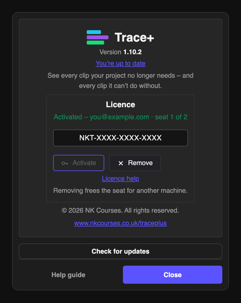 The Help & licence window in Trace+, showing the version, the licence state with the email and seat count, the key field, and the Activate and Remove buttons.