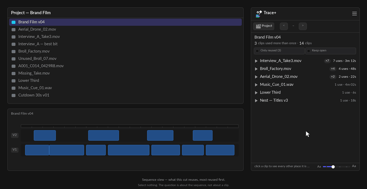 A sequence's clips listed and ranked, the most reused at the top, one row expanded to show each individual use.
