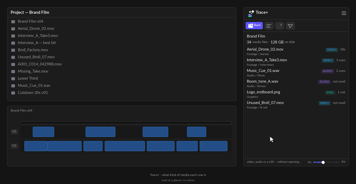 A list of media in Trace+ with a coloured VIDEO, AUDIO or STILL tag on every row, then the tag button in the toolbar pressed – the tags go, the names and counts stay, and the button lights.