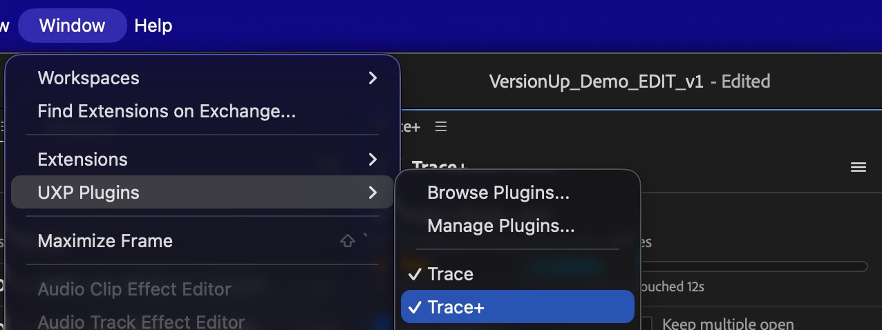 Premiere's Window menu open, showing UXP Plugins with Trace and Trace+ listed.