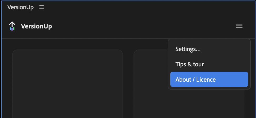 The panel's burger menu open, showing Settings, Tips and tour, Submit feedback and About / Licence.