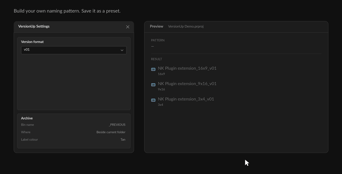 Building a custom naming pattern from tokens in the settings panel, with a live preview.