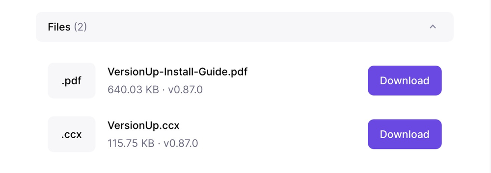 The Files section of a Lemon Squeezy order, listing VersionUp-Install-Guide.pdf and VersionUp.ccx, each with a Download button.