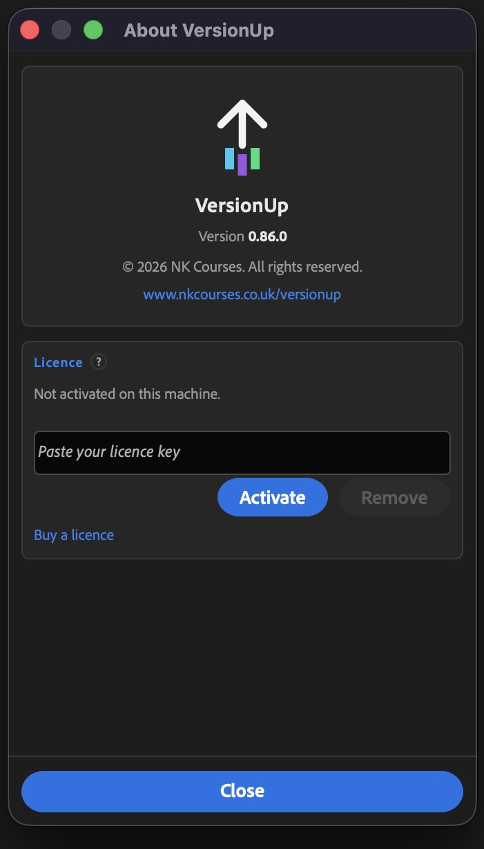 The About and Licence dialog, with the key field and Activate button.