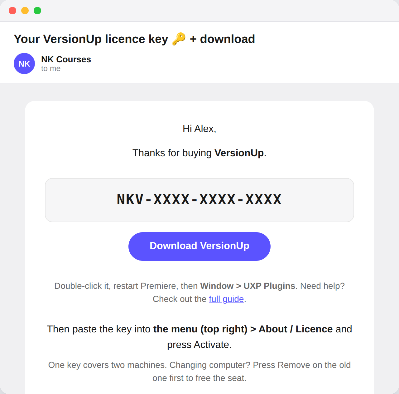 The order email from NK Courses, showing the licence key in a box and a Download VersionUp button.