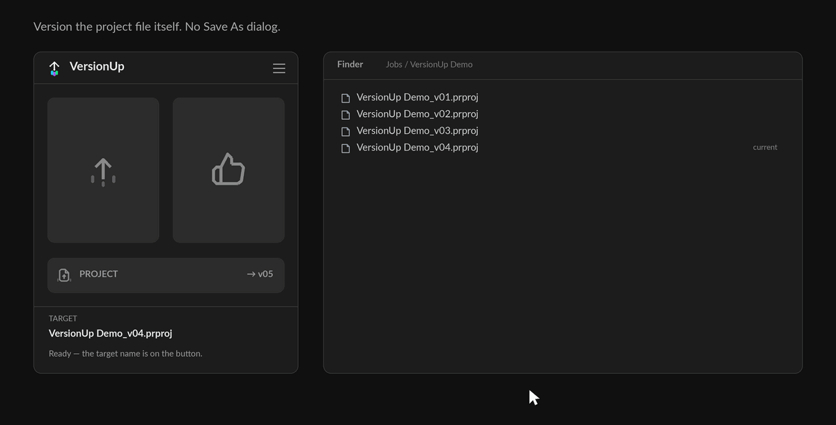 The Project button showing the target filename before it is pressed.
