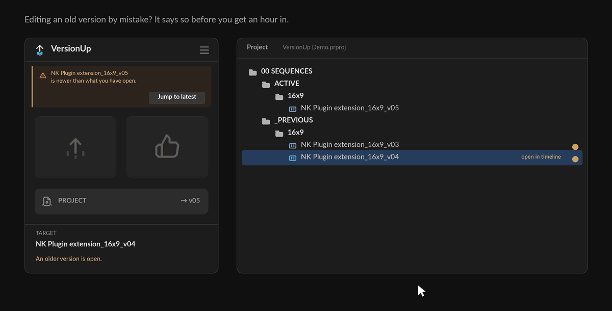 An amber banner appears when an older version of a sequence is opened, offering to jump to the latest.
