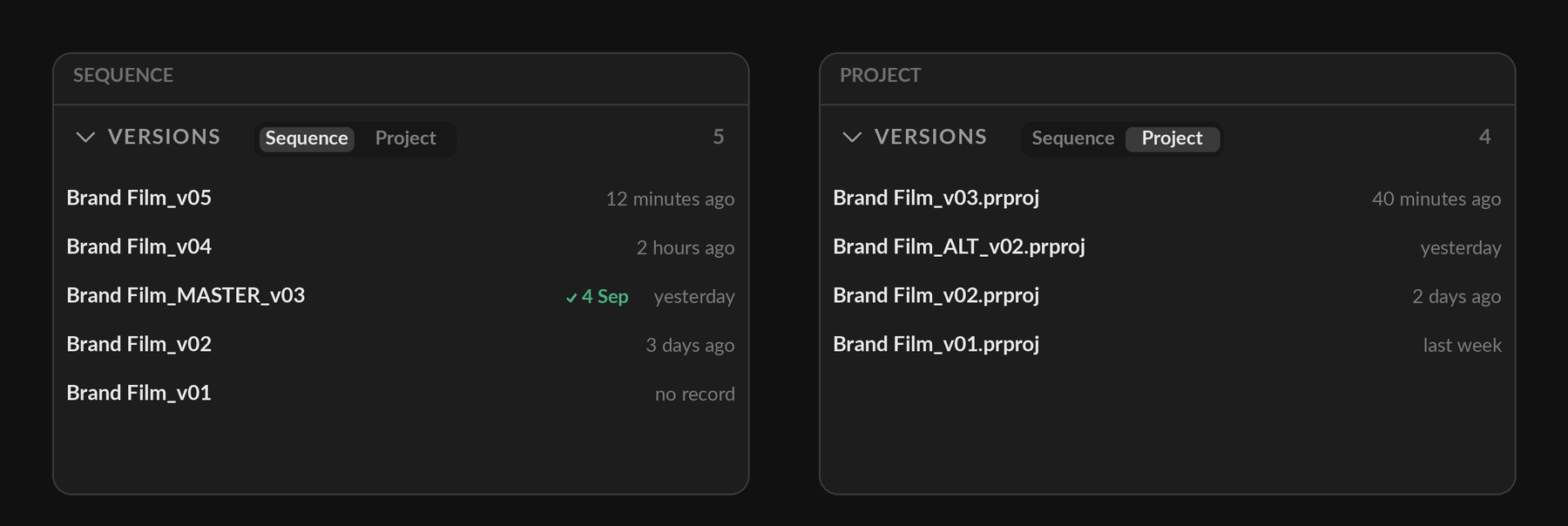 The Versions strip open, on the Sequence tab listing five sequence versions with the time each was made, and on the Project tab listing four project files. One sequence row carries a green tick and an approval date.