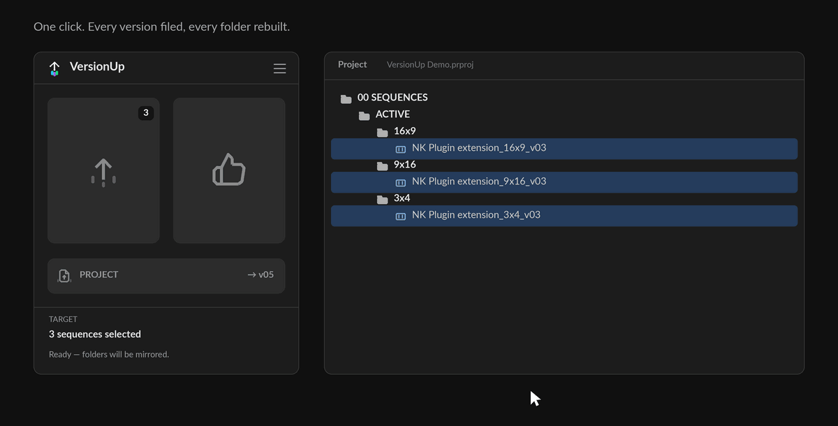 Pressing Version up: the old copy moves into a _PREVIOUS bin and the sequence in the timeline is renamed in place.