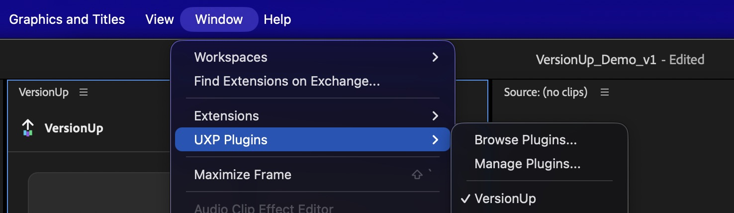 Premiere's Window menu open, showing UXP Plugins and VersionUp.