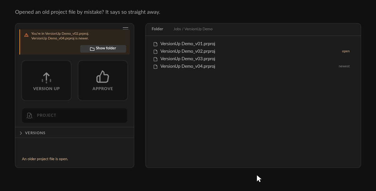An older project file is open. An amber banner names the newer file, the Project button refuses, and Show folder reveals the newer file with its path copied.